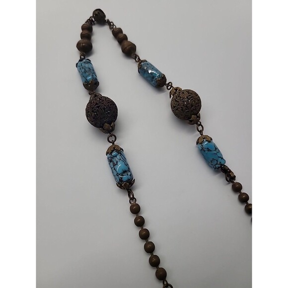 Vintage Boho Brass Filigree Necklace Blue Stone Beads Artisan Tribal Style Flaw - Picture 9 of 13